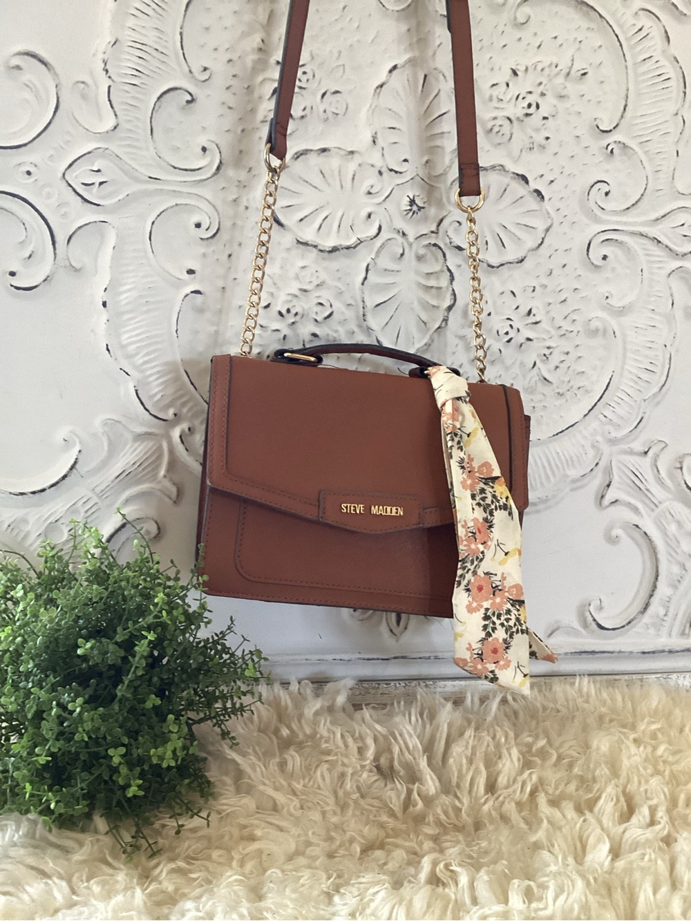 Steve Madden Tan Brown Satchel with Floral Scarf Accent